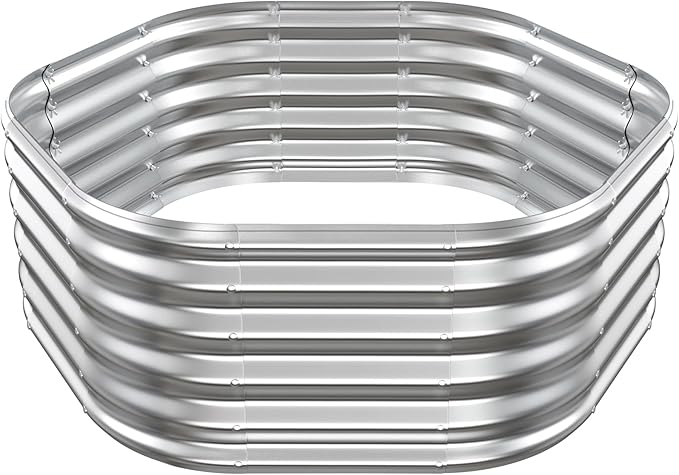 Hexagon Raised Garden Bed, 48 Inch Diagonal & 16.5 Inch Tall, Galvanized Steel Planter Box with Wave-Shaped Metal Panels for Outdoor Flower,Tree,Herb & Vegetable Garden (Silver, 4FT X 1.5FT) Rootora