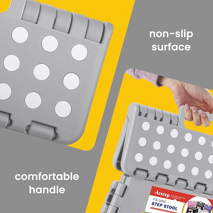 ACSTEP Folding Step Stool 11'' Foldable Step Stool for Kids and Adults Up to 300 lbs, Non-Slip Folding Stools with Portable Handle for Bedroom Kitchen, Bathroom Grey ACSTEP