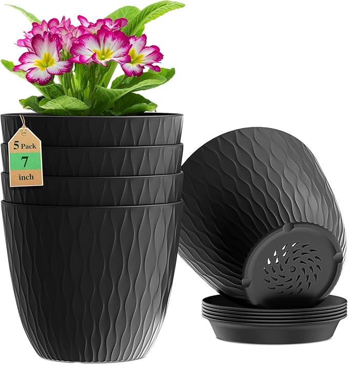 7 inch Plant Pots, 5 Pack Flower Pots with Drainage Holes and Saucers for Indoor Plants, Plastic Planters with Water Ripple for Small Garden House Plants, Nursery Pots for Succulent, Black WSMKSZ