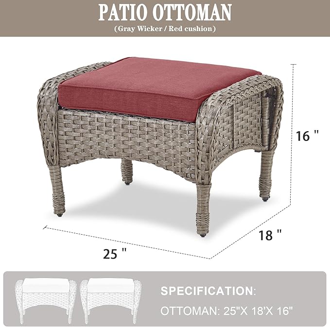 Belord Outdoor Ottomans for Patio Foot Rest - 25 Inch PE Wicker Foot Stool Set of 2 with Removable Cushions for Patio Furniture Sets,All Weather Rattan Ottoman for Balcony Deck Backyard Brown Belord