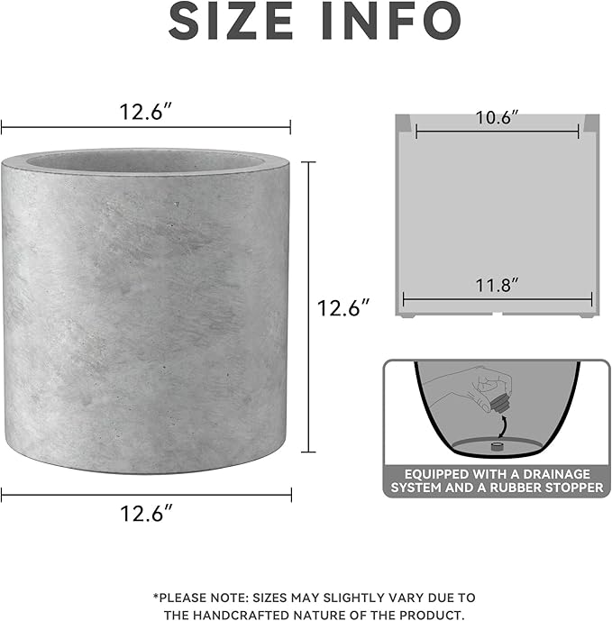 Kante 12.6" Dia Round Concrete Planter, Modern Style Large Cylindrical Plant Pot with Drainage Hole and Rubber Plug for Indoor Outdoor Patio, Natural Concrete Kante