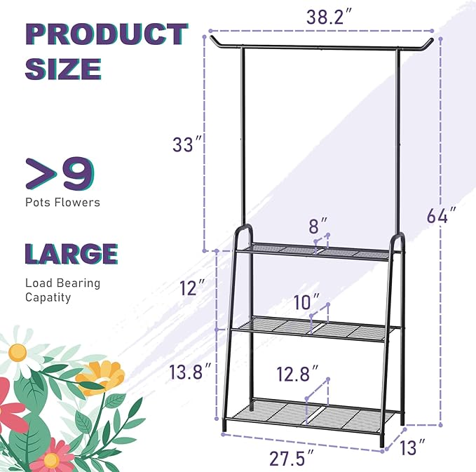 Metal Plant Stand Indoor Outdoor, 3 Tier Tall Corner Plant Shelf, Hanging Flower Ladder for Living Room, Balcony, Garden, Patio (Black) Rootora