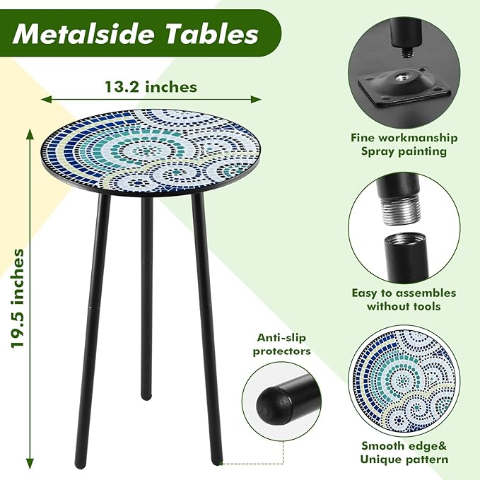 1 Pack Metal Outdoor Side Table Small Outside Round End Table for Patio Modern Accent Garden Corner Table for Small Spaces, Balcony, Porch, Weather-Resistant, Plant Stand Indoor, Round Mosaic PartyZealot