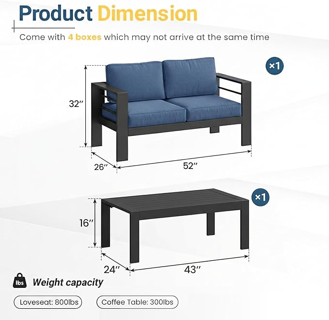 Solaste Aluminum Patio Furniture Set for All Weather, Oversized Metal Outdoor Furniture Set with 27.5" Deep Seating and 3.2" Wide Armrest, Outdoor Patio Sofa with 10" Back Suport Cushion Solaste