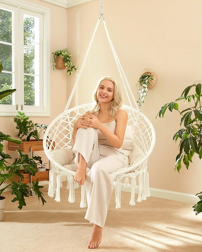 Greenstell Hammock Chair, Macrame Swing Chair with Comfy Cushion, Boho Hanging Chair for Outdoor & Indoor, Perfect for Bedroom, Patio, Balcony, Hold up to 350Lbs, White Greenstell