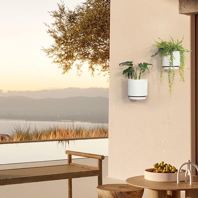 2 Pcs Wall Mounted Hanging Planter Vase for Indoor and Outdoor Plants Modern Metal Wall and Ceiling Planter Minimalist Flower Pot (White, 5.91 inch) CISEANOL