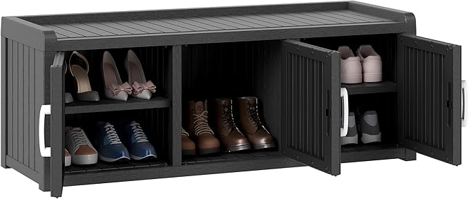 2-Tier Storage Bench, Waterproof UV-Resistant Outdoor Shoe Storage Cabinet with 3 Doors & Adjustable Shelves for Indoor Outdoor Entryway, Hallway, Living Room (Black) NBYSGO
