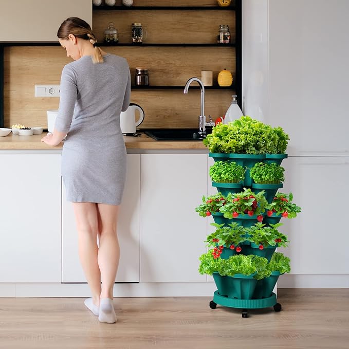 Strawberry Vertical Planters Tower Garden 3 Pack, 7 Tiered Stacking Herb Vegetable Planter with Support Pole Indoor and Outdoor - Hunter Green Tectsia