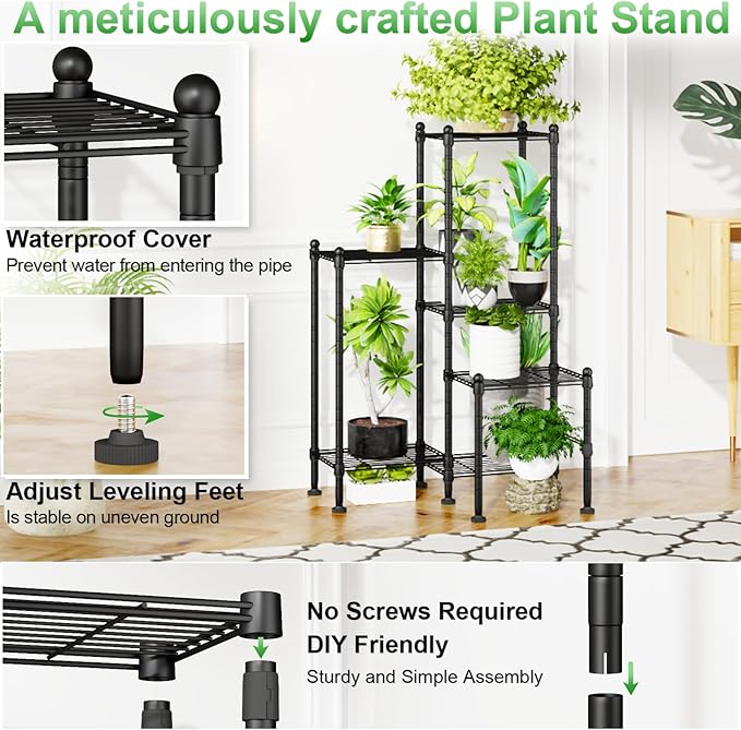 Plant Stand Indoor Outdoor, Heavy Duty Metal Waterproof 6 Tiered Plant Shelf for Multiple Flower Planter Holder Rack, Black - C6 CYXPHION