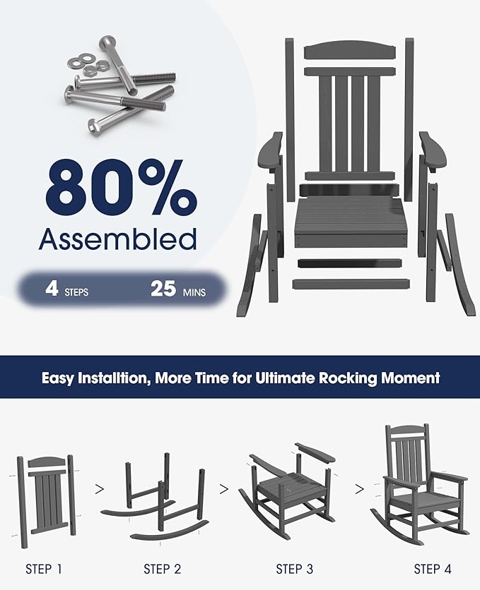 KINGYES HDPE Outdoor Rocking Chair, Widened Seat Patio Rocking Chair, Oversized All Weather Patio Rocker, Gray KINGYES