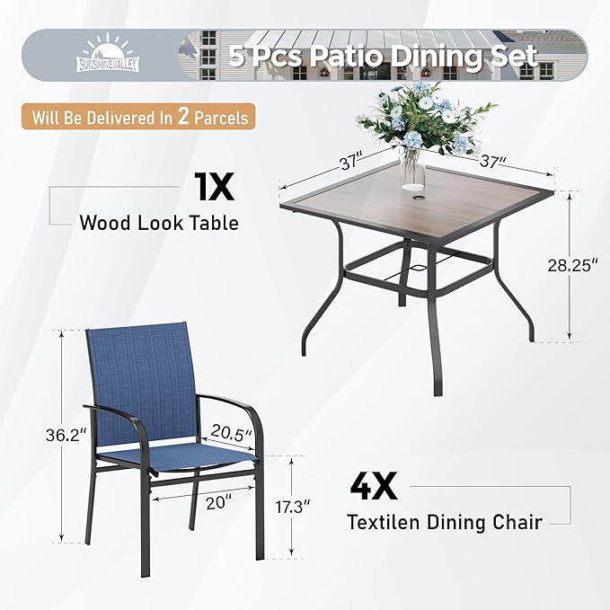 5 Piece Patio Dining Set for 4, 37”x37” Square Table (PVC Wood-Like Table Top) with 1.57" Umbrella Hole, 4 Metal Blue Chairs, Outdoor Table and Chairs Set for Lawn Backyard and Deck SUNSHINEVALLEY