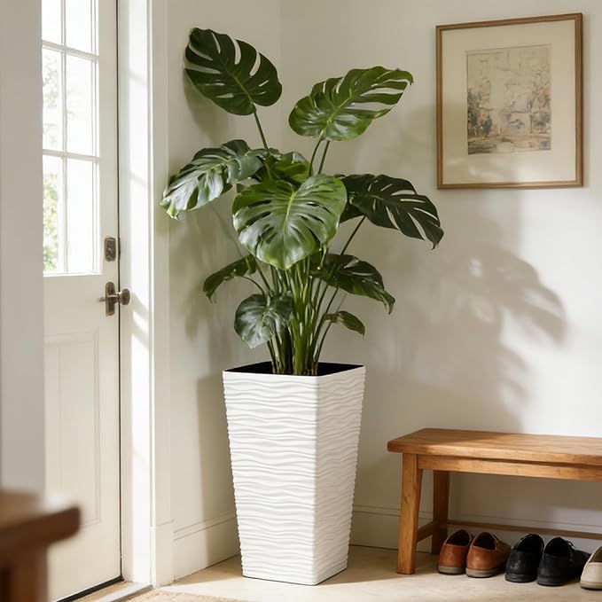 Worth Garden 22" Tall Planters Set of 2 - Plastic White Square Plant Pots with Drainage Hole - Modern Large Tapered Matte Wavy Tree Flower Pot for Indoor Outdoor Porch Deck WORTH