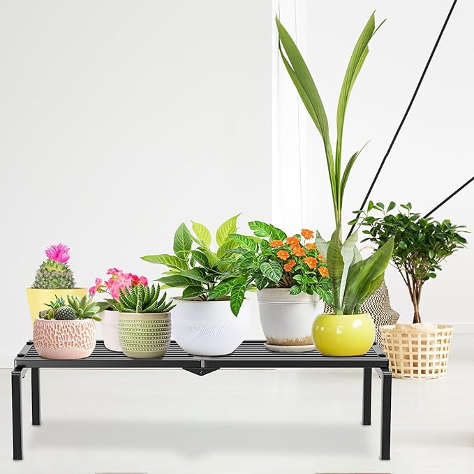 1 Tier Metal Plant Stand Indoor Outdoor, Potted Multiple Flower Pot Holder Rack Plant Shelf, Heavy Duty Planter Display Shelving for Patio Balcony Garden Living Room Decorative (Black) Gouisalin