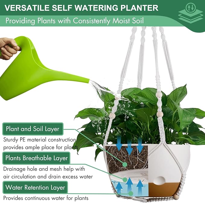 Set of 2-10 Inch Hanging Planters for Indoor Plants with Self-Watering Includes Hanging Pots for Plants, Outdoor Hanging Plant Pot with Drainage, and 2 Types of Hanging Baskets Hangers (White, 10inch) Montresor