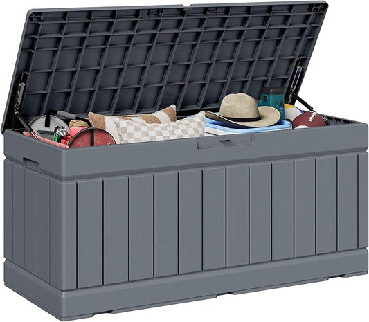 JUMMICO 78 Gallon Outdoor Deck Box Large Resin Storage Box for Patio Furniture Cushions, and Garden Tools (Gray) JUMMICO