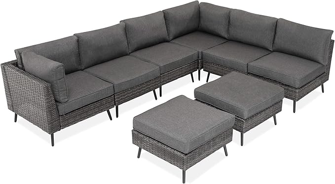 LAUSAINT HOME 8 Piece Outdoor Sectional Sofa PE Rattan Patio Conversation Sets, All Weather Patio Furniture Set with Thick Cushions for Garden, Poolside, Backyard (Grey) LAUSAINTHOME