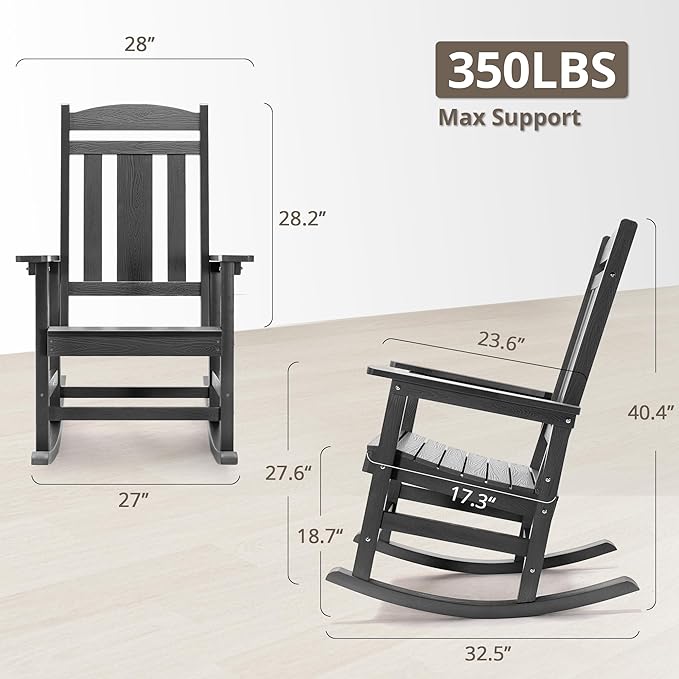 LUE BONA Outdoor Rocking Chairs Set of 4, Weather Resistant HDPS Poly Rocker Chairs, 350lb Heavy Duty, Oversized Porch Rocker for Adult, High Back Smooth Rocking Chairs for Outdoor & Indoor, Gray LUEBONA