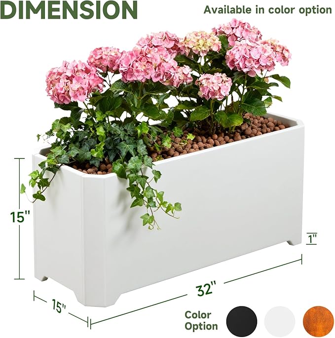 Steel Planter Box-32"x15"x15"-Rectangular Planters for Outdoor Plants, White Matel Planter Box Raised Support Feet for Patio, Deck, Garden, Yard, Drain Holes, Easy Assembly GJWCVLOUTDOORLIFESELLER