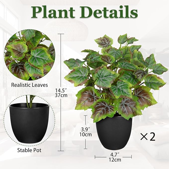 14.5" Artificial Plants Indoor Home Decor, Fake Potted Silk Plants for Shelves Living Room Decor, Small Artificial Office Desk Plants in Pots, Faux Grape Leaf Vine Hope Tropical House Plant Sets of 2 VillaComo