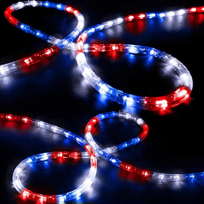 50ft LED Rope Lights Outdoor,360 LED Connectable & Flexible Tube Lights with 8 Modes, Waterproof LED Rope Lighting for Independence Flag Day, Memorial Day, Outdoor,Indoor Decor (Red & White & Blue) Jnaurb