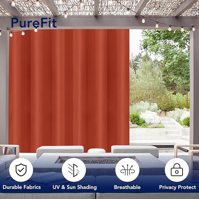 PureFit Outdoor Curtains for Patio Waterproof Weatherproof, UV Resistant Outside Curtains for Gazebo, Front Porch, Pergola, Sun Blocking Privacy Curtain, 100W x 120L inch, 1 Panel, Red Clay PureFit