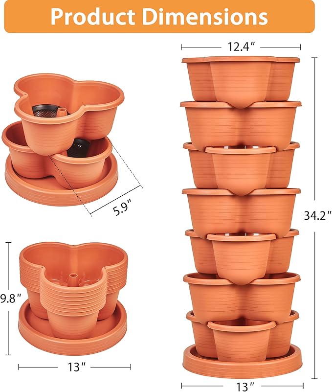 VECELO 7 Tier Vertical Garden Planter, Self Watering Stackable Planters with Wheels for Strawberries, Herbs, Flowers, Vegetables, Red VECELO