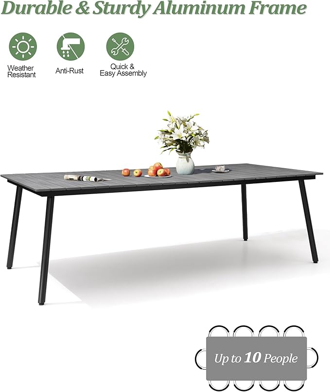 95" Patio Outdoor Dining Table for 8-10, Weather-Resistant Aluminum Frame with Wood-Grain Top & Umbrella Hole for Deck Gatherings, Grey VredHom