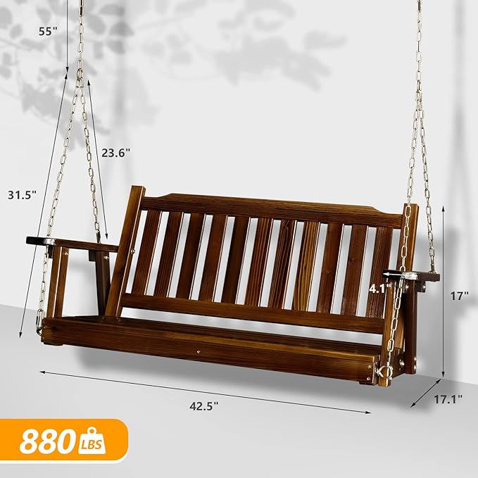 VINGLI Upgraded Heavy Duty 880 LBS 4 FT Patio Wooden Porch Swing Solid Fir Wood, Outdoor Handing Swing Bench for Garden | Yard | Balcony | Tree, Rustic VINGLI