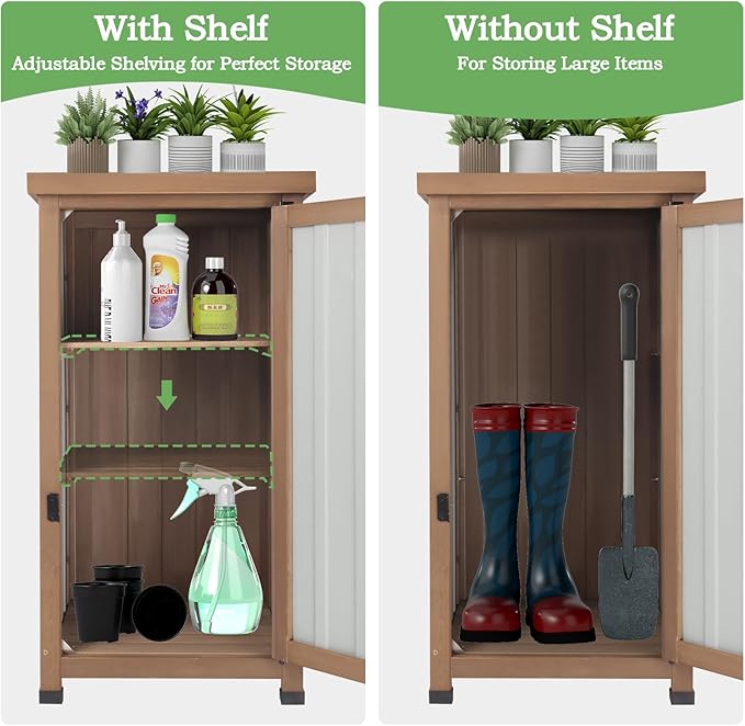Small Outdoor Storage Cabinet Waterproof with Metal Top, Wood & Metal Outside Potting Bench Table Tool Organizer with Adjustable Shelf for Patio Backyard Garden PETSCOSSET