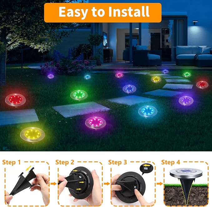 LYHOPE Solar Ground Light Outdoor, 16 Pack 8 LED Color Changing Solar Disk Lights Waterproof Garden In-ground Pathway Lights Landscape Lighting for Lawn,Yard,Deck,Patio,Walkway (RGB) LYHOPE