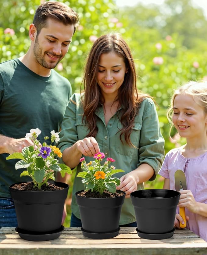 homenote Plant Pots,6/7.5 Inch Flower Pots for Plants Plastic Planters for Indoor with Multiple Drainage Holes and Trays, for All Home Garden Flowers Succulents,Outdoor(Black,10 Pack) HOMENOTE