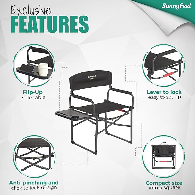 SUNNYFEEL Camping Directors Chair, Heavy Duty,Oversized Portable Folding Chair with Side Table, Pocket for Beach, Fishing,Trip,Picnic,Lawn,Concert Outdoor Foldable Camp Chairs SunnyFeelCamping