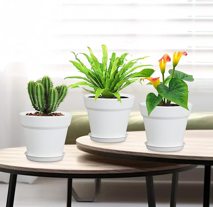 4 inch Small Plastic Nursery Pots, 16 Pack Plant Pots for Indoor Outdoor Plants, Flower Pots with Drainage Holes and Saucers, Decorative Seedling Starter Planters for House Plants, White Meowell