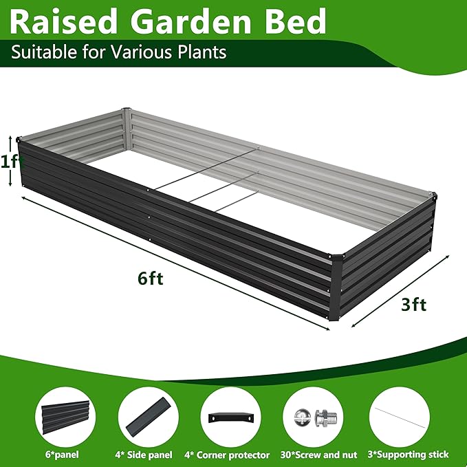 2PCS 6x3x1ft Galvanized Raised Garden Bed Kit, Galvanized Planter Raised Garden Boxes Outdoor, Large Metal Raised Garden Beds for Vegetables,Black Easllre