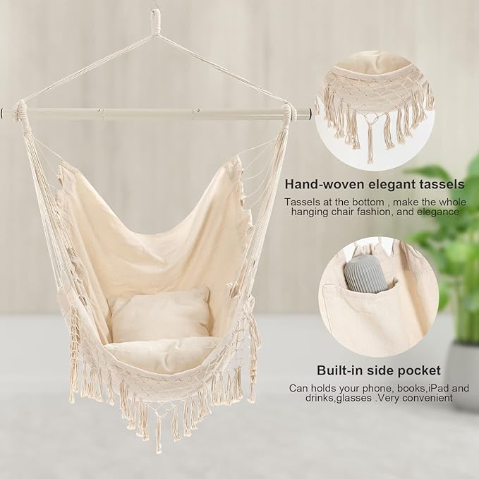 Hammock Chair, Hanging Rope Swing Seat with 2 Cushions,Macrame Hanging Chair Side Pocket with High Load-Bearing Metal Rod,for Indoor, Outdoor, Extra Comfortable YAERSI