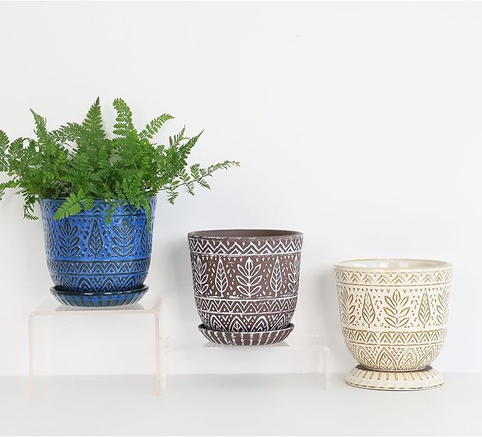 Gepege Beaded Ceramic 6 Inch Planter Set of 2 with Drainage Hole and Saucer for Plants, Indoor-Outdoor Large Round Succulent Orchid Flower Pot (Blue, Inner-pots not Larger Than 5 Inch) Gepege
