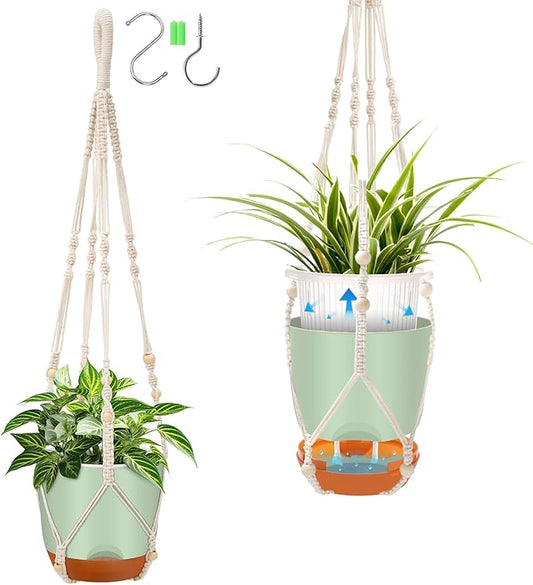 2-Pack 7.2-Inch Self-Watering Hanging Planters for Indoor & Outdoor Plants,34-Inch macrame hanger plant pots indoor with drainage,Small Hanging Planters & Baskets in Green,With two sets of hooks QCQHDU