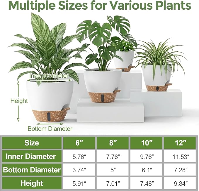 Plant Pots, 12" 10" 6" 8" Inch Self Watering Pots with Water Level Indicator, Set of 5 Flower Pots Indoor with Drainage Holes, Modern Planters for Indoor Outdoor Plants, Room & Office Décor Rootora