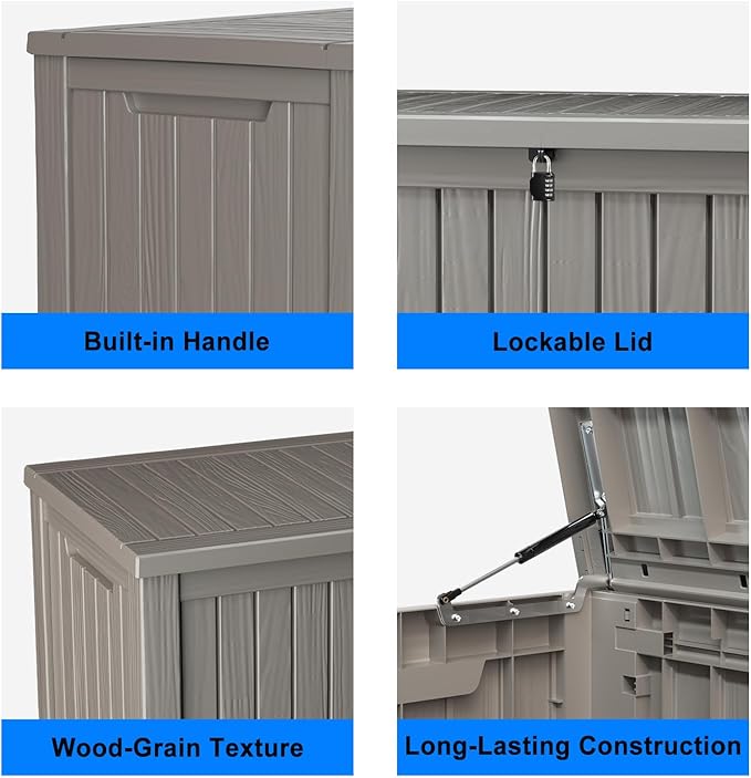 180 Gallon Outdoor Deck Box, Lockable Waterproof Outdoor Storage Boxes For Garden Tools,Indoor Cushions,Accessories Outside Storage Resin Weatherproof Container(Grey) MAIUSCOLI