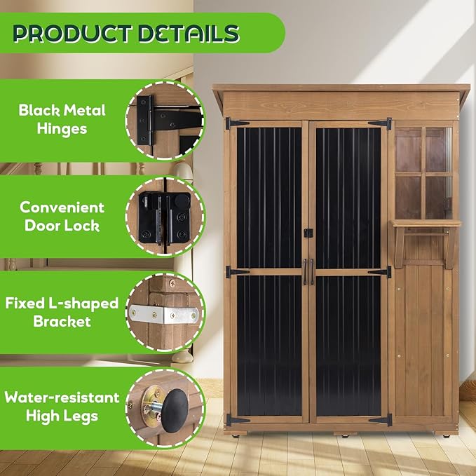 51" L Outdoor Storage Cabinet Waterproof with Shelves, Outside Storage Shed Backyard Tall Cabinet with Fold-Out Table for Patio, Garage, Garden, Pool Accessories Storage PETSCOSSET