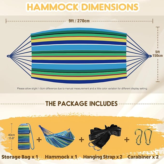 ANYOO Cotton Hammock Portable Camping Hammocks for Hanging Sturdy Garden Comfortable Fabric Hammock with Tree Straps Up to 660lbs with Travel Bag for Camping Outdoor/Indoor Patio Backyard Anyoo