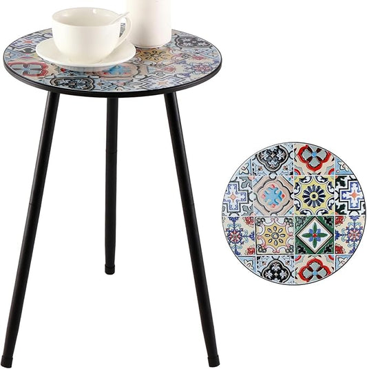 1 Pack Metal Outdoor Side Table Small Outside Round End Table for Patio Modern Accent Garden Corner Table for Small Spaces, Balcony, Porch, Weather-Resistant, Plant Stand Indoor, Mixed Mosaic PartyZealot