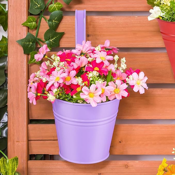 OBTANIM 12 Pack Metal Hanging Flower Pots Railing Planter Outdoor Fence Hanging Bucket Plant Holder with Detachable Hooks Drain Holes for Home Garden Yard Decor (Yellow Purple Red, 4 x 4 Inch) OBTANIM