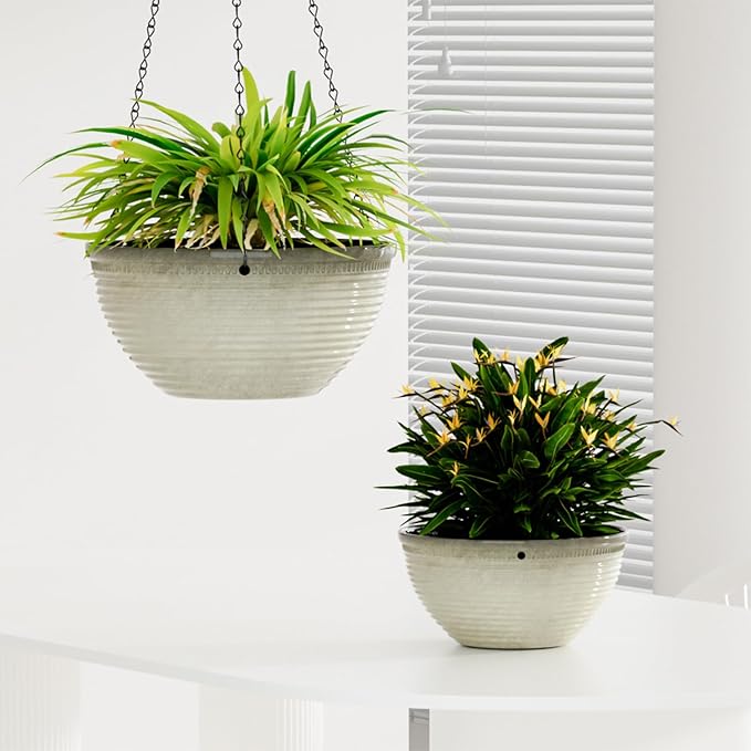 2 Pack Hanging Planters for Indoor Outdoor Plants, 10 Inch Hanging Planter with Drainage Hole & Plug Glazed Hanging Baskets Flower Pots for Garden Home (Off-White) Vanslogreen