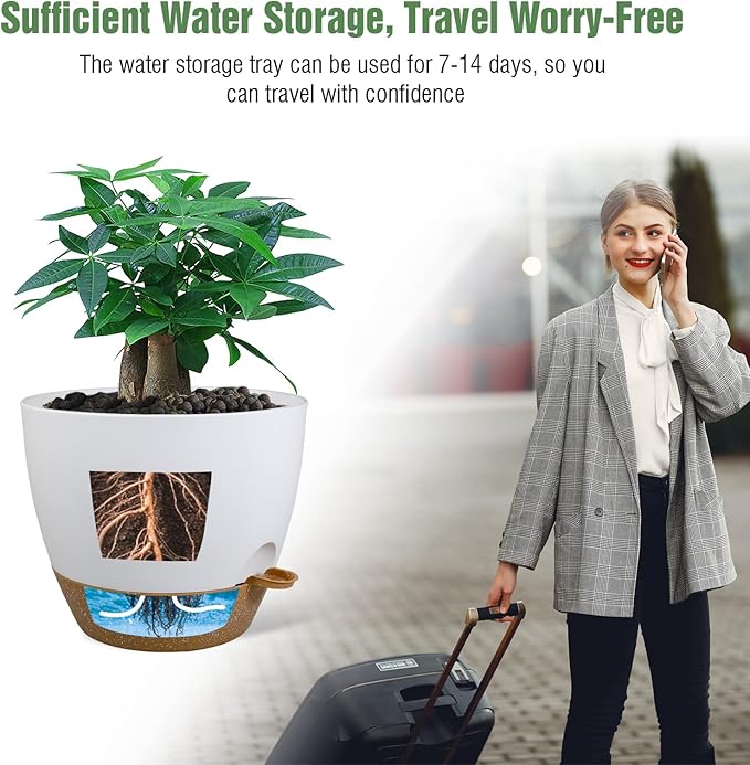 12inch 2Pack Large Self Watering Planters, Plastic Plant Pots with 60oZ Removable Deep Reservoir and Multi Mesh Drainage Holes for Indoor Outdoor Garden Plants and Flowers, White with Brown UOUZ