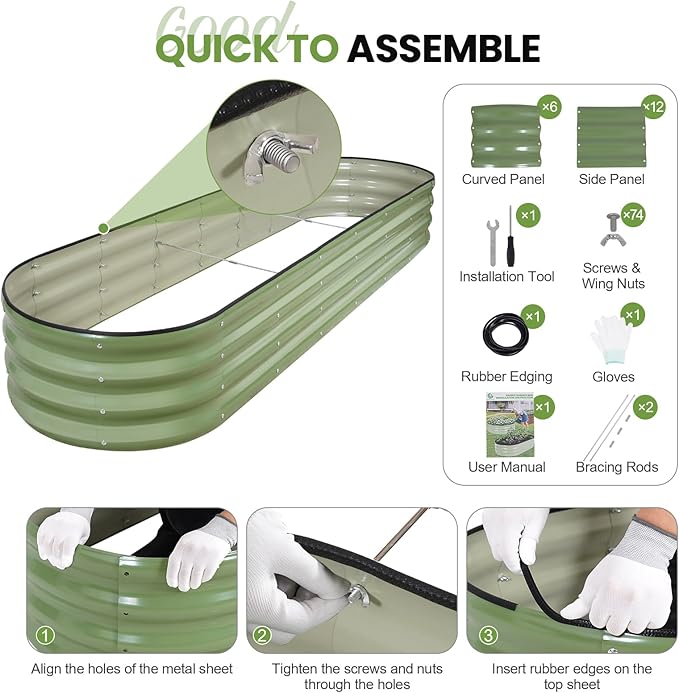 G GOOD GAIN Raised Garden Beds - 8x2x1ft Galvanized Planter Boxes Kit with Protective Tape & Gloves & Tools | Oval Metal Outdoor Raised Bed for Gardening Vegetables, Fruits, Flowers, Herbs, Oliver GGOODGAIN