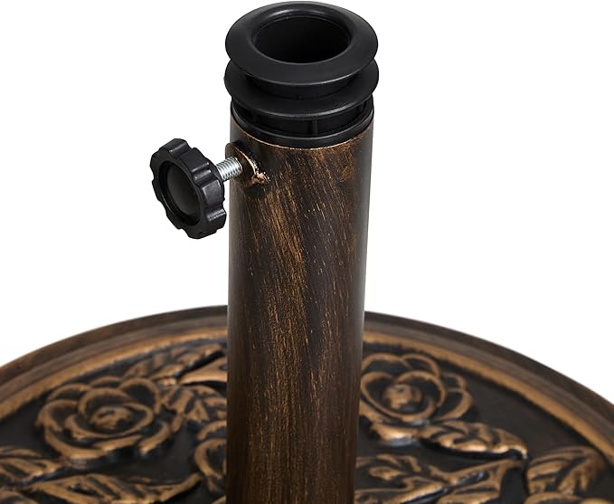 Backyard Expressions 20 lb Patio Umbrella Base Stand, Decorative Rose Medallion Antique Bronze Finish, Fits 1.5–1.9 in Poles w/Adapters, 18 in Round Weighted Outdoor Umbrella Holder for Deck & Table BackyardExpressions