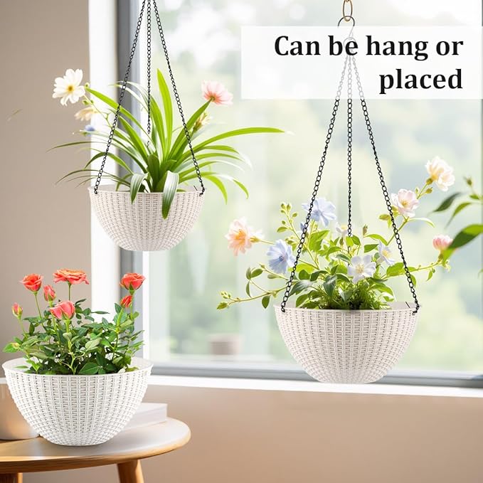Hanging Planters for Indoor Outdoor Plants 8 and 10 Inch, 4 Packs Hanging Flower Pot with Drainage Holes, Self-Watering Hanging Basket Perfect for Home, Office and Garden, White RooTrimmer