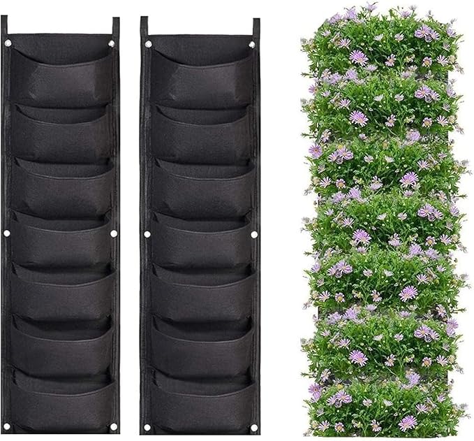 LITLANDSTAR Hanging Planter Bags, 2 Pack 7 Pocket Hanging Vertical Wall Planter Planting Grow Bags Outdoor Indoor Gardening Vertical Greening Flower Container (Black) LITLANDSTAR