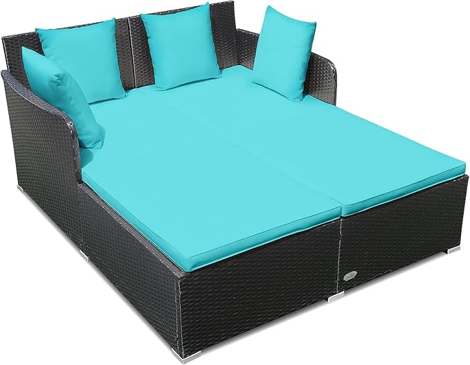 RELAX4LIFE Rattan Patio Outdoor Daybed, Wicker 2-Person Sunbed Loveseat with Soft Cushions, 4 Pillows, Curved Backrest & Armrest, Double Bed Lounger Sofa Set for Balcony Porch, Patio Bed (Turquoise) RELAX4LIFE